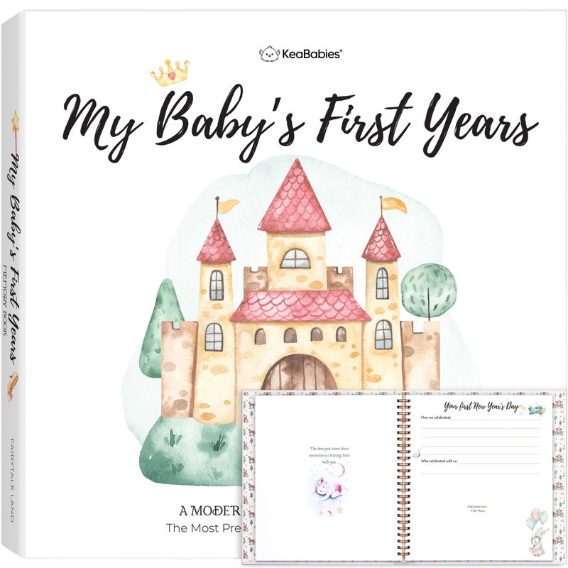 KeaBabies First 5 Years Baby Memory Book Girl, Boy - 90 Pages Hardcover First Year Milestone Keepsake Book, Newborn Scrapbook for New Parents, Minimalist Photo Album Journal,Gift for Baby Shower(Fairytale Land) - Image 1