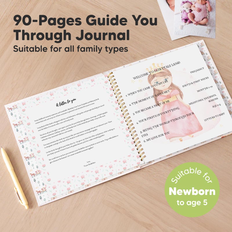 KeaBabies First 5 Years Baby Memory Book Girl, Boy - 90 Pages Hardcover First Year Milestone Keepsake Book, Newborn Scrapbook for New Parents, Minimalist Photo Album Journal,Gift for Baby Shower(Fairytale Land) - Image 2