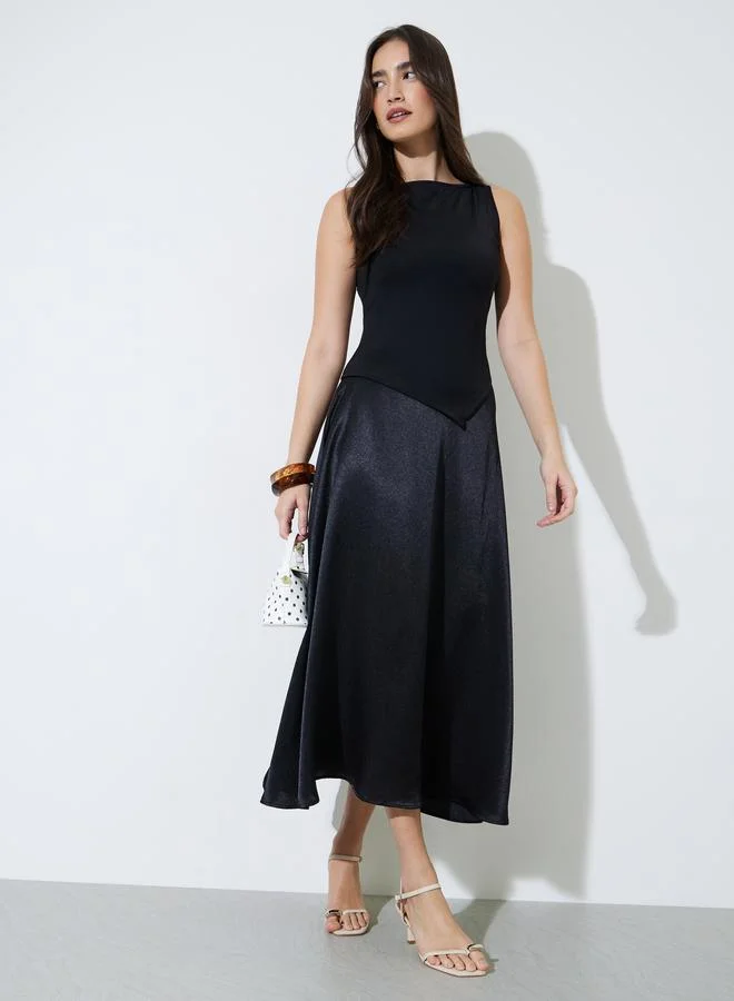 ستايلي Black Solid Satin A-Line Midi Skirt