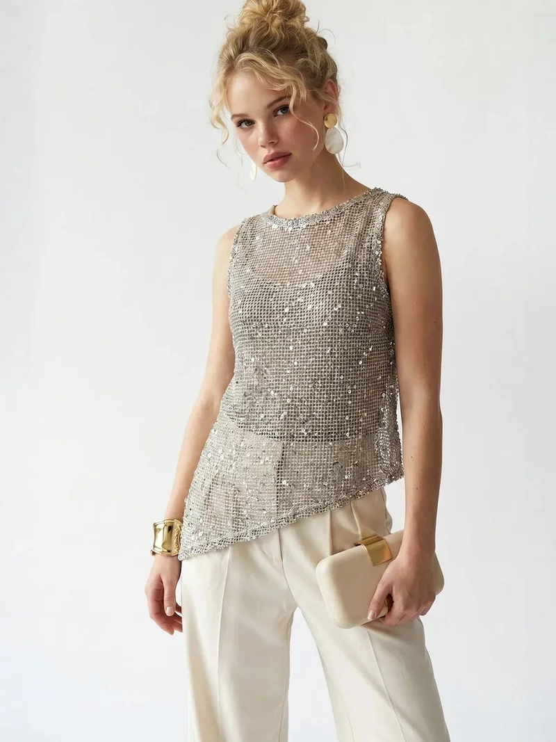 ميكسراي MIXRAY Sequin Sleeveless Crew Neck Blouse