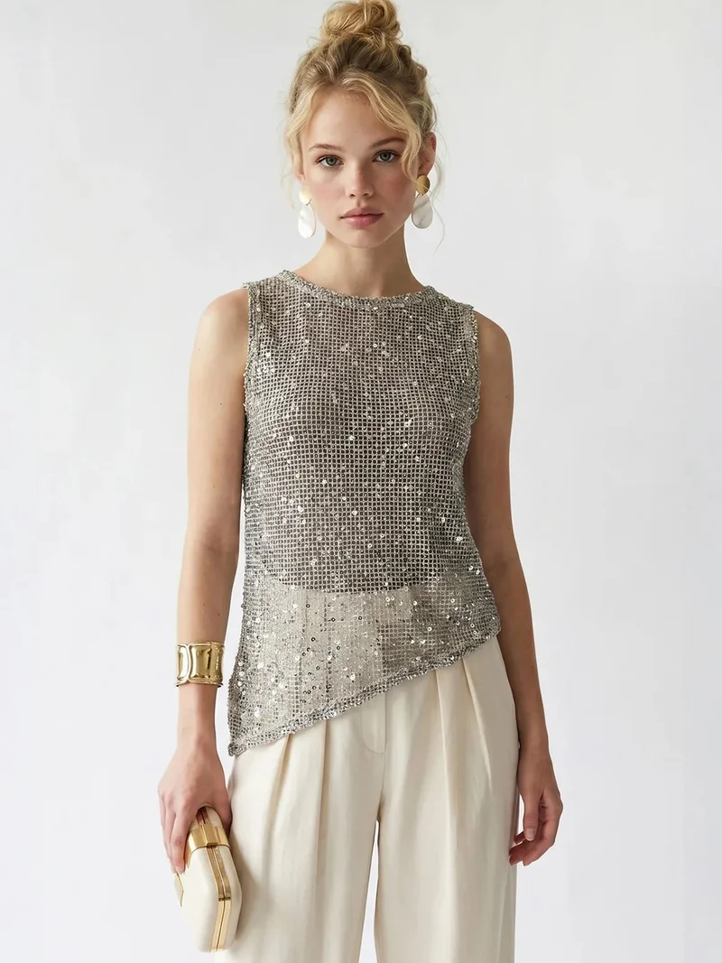 ميكسراي MIXRAY Sequin Sleeveless Crew Neck Blouse