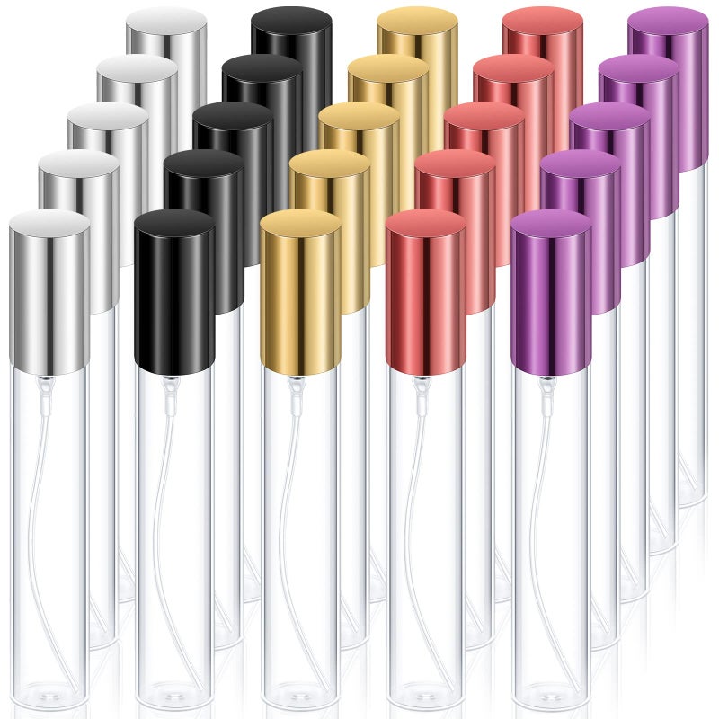 Yinder 25 Pcs 15ml Travel Spray Bottle Refillable Perfume Atomizer Bulk Glass Mini Cologne Perfume Bottles Empty Fine Mist Portable Small Sample ContainersBlack Red Purple Gold Silver