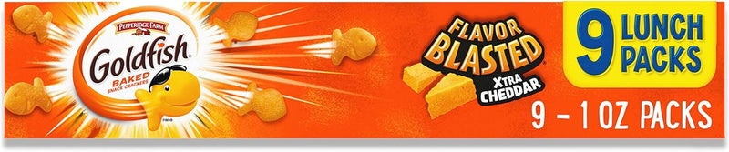 Goldfish Flavor Blasted Xtra Cheddar Cheese Crackers, Baked Snack Crackers, 0.9 oz On-the-Go Snack Packs, 9 Count Tray - Image 1