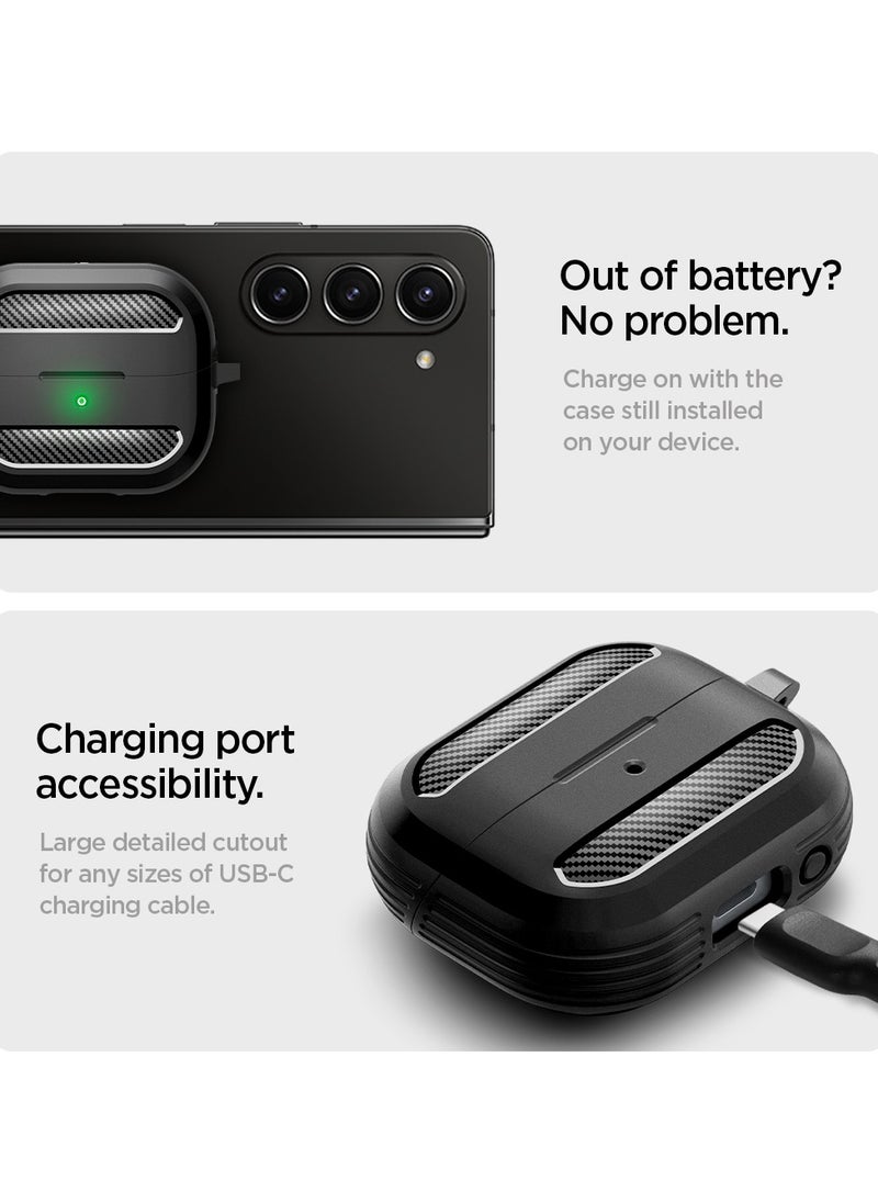 Spigen - Rugged Armor Samsung Galaxy Buds 3 Pro Case and Buds3 Case Cover Shockproof Protective with Carabiner and Carbon Fiber Accents (2024) - Matte Black - Image 1