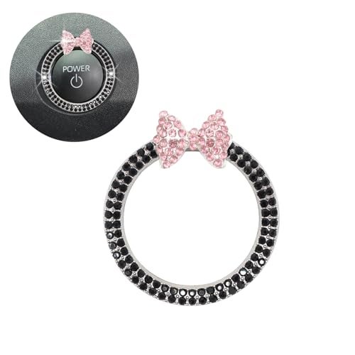 ORIESSE Bow Car Accessories,Pink Bow Tie Push Start Button Rhinestone Ring,Black Engine Start Stop Button Ring Car Decor,Bling Girly Ignition Charm - Image 1