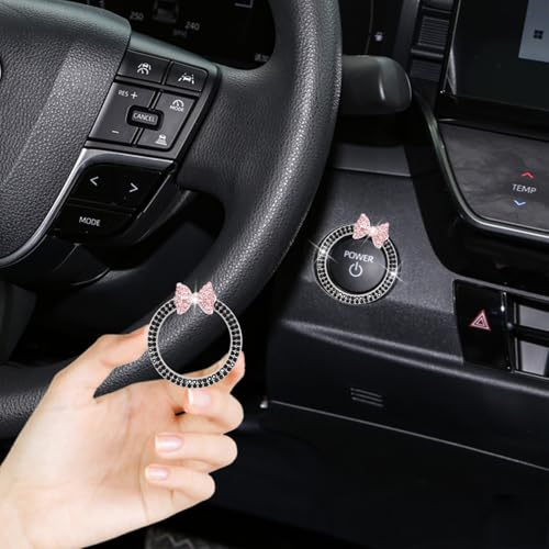 ORIESSE Bow Car Accessories,Pink Bow Tie Push Start Button Rhinestone Ring,Black Engine Start Stop Button Ring Car Decor,Bling Girly Ignition Charm - Image 2