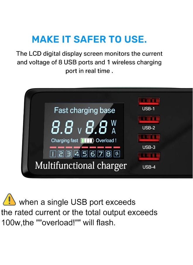 USB Charger Hub 100W 8-Port Desktop Multiple USB Charging Station with PD Port, Quick Charge 3.0 USB Port, Wireless Charger, LCD Display Fast USB C Charger for iPhone, Tablet and More