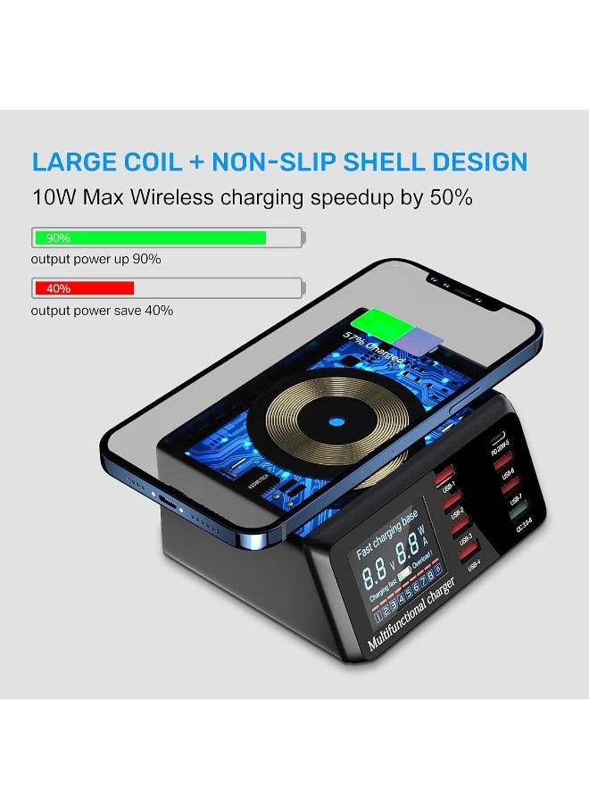 USB Charger Hub 100W 8-Port Desktop Multiple USB Charging Station with PD Port, Quick Charge 3.0 USB Port, Wireless Charger, LCD Display Fast USB C Charger for iPhone, Tablet and More