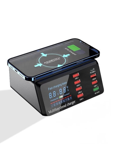 USB Charger Hub 100W 8-Port Desktop Multiple USB Charging Station with PD Port, Quick Charge 3.0 USB Port, Wireless Charger, LCD Display Fast USB C Charger for iPhone, Tablet and More