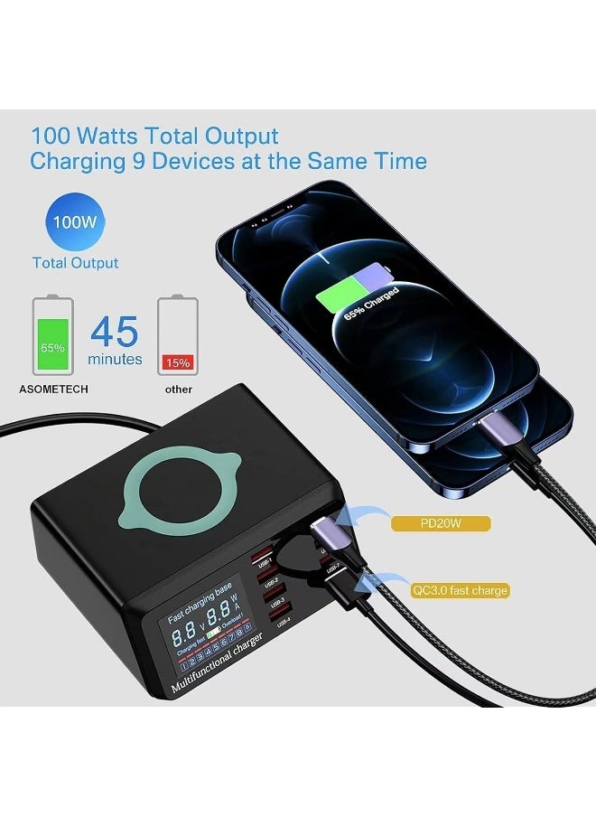 USB Charger Hub 100W 8-Port Desktop Multiple USB Charging Station with PD Port, Quick Charge 3.0 USB Port, Wireless Charger, LCD Display Fast USB C Charger for iPhone, Tablet and More