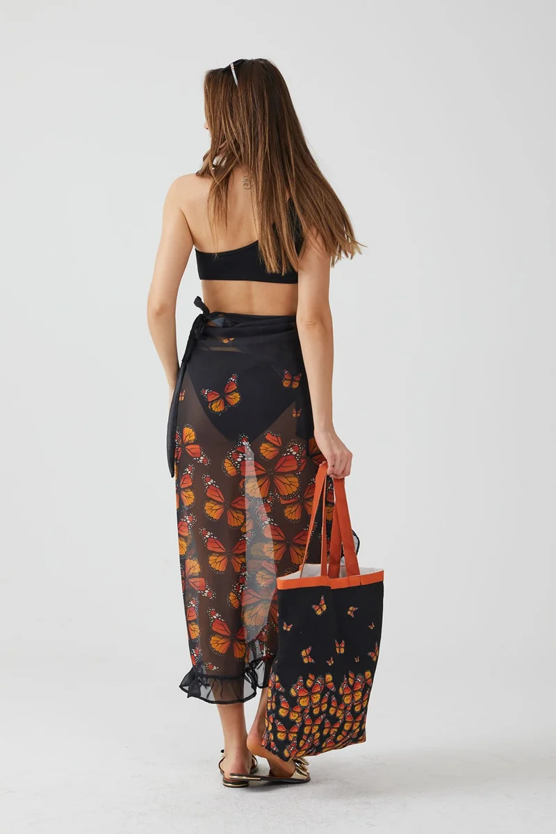 ايس هوم Fashion Butterfly Pattern Frilly Black Pareo Beach Dress