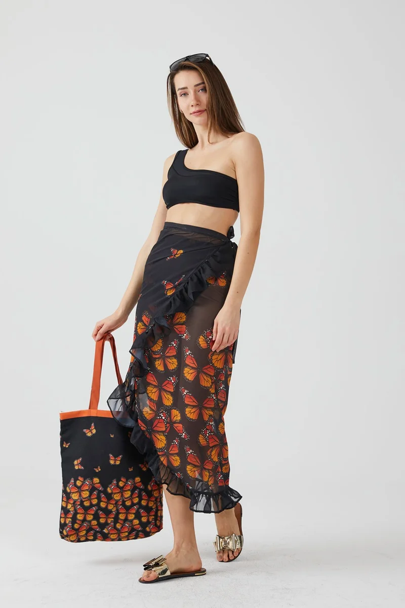 ايس هوم Fashion Butterfly Pattern Frilly Black Pareo Beach Dress