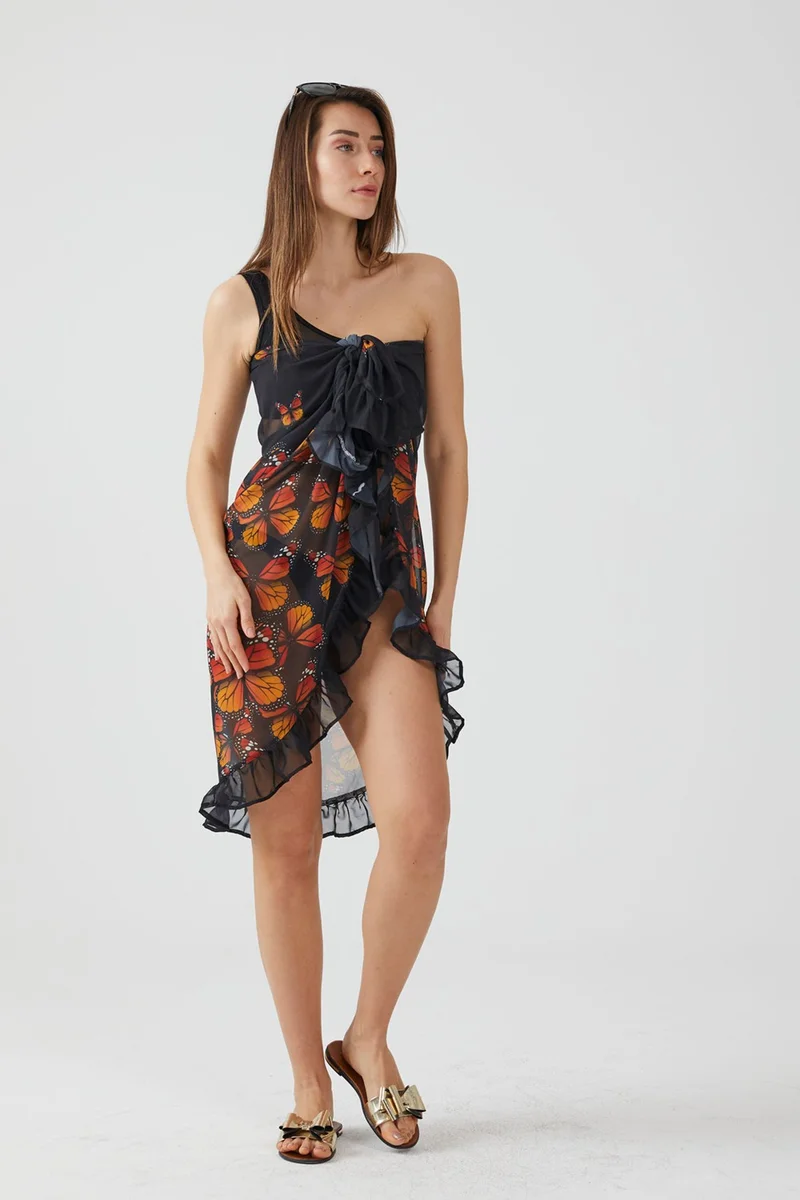 ايس هوم Fashion Butterfly Pattern Frilly Black Pareo Beach Dress