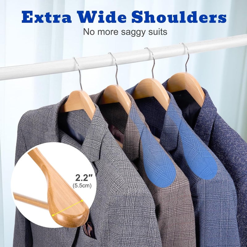HOUSE DAY 12-Pack Wide Shoulder Wooden Hangers, Natural Suit Hangers with Non-Slip Pants Bar, Smooth Finish 360°Swivel Hook High-Grade Solid Wood Coat Hangers for Dress, Jacket, Heavy Clothes Hanger - Image 3