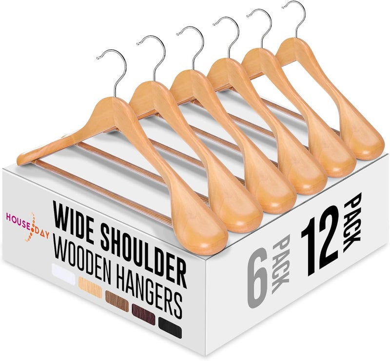 HOUSE DAY 12-Pack Wide Shoulder Wooden Hangers, Natural Suit Hangers with Non-Slip Pants Bar, Smooth Finish 360°Swivel Hook High-Grade Solid Wood Coat Hangers for Dress, Jacket, Heavy Clothes Hanger - Image 1