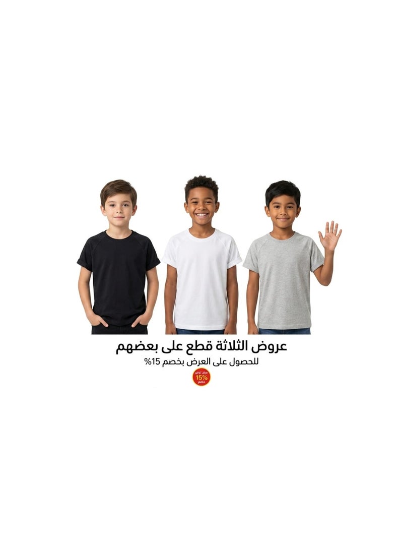 MoBaby Kids Essential 3-Pack T-Shirts – Black, White & Grey | Breathable Single Lycra Cotton for School, Sports & Daily Wear - Image 5