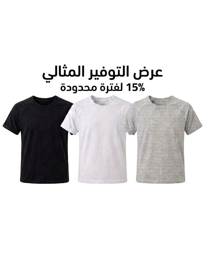 MoBaby Kids Essential 3-Pack T-Shirts – Black, White & Grey | Breathable Single Lycra Cotton for School, Sports & Daily Wear - Image 1