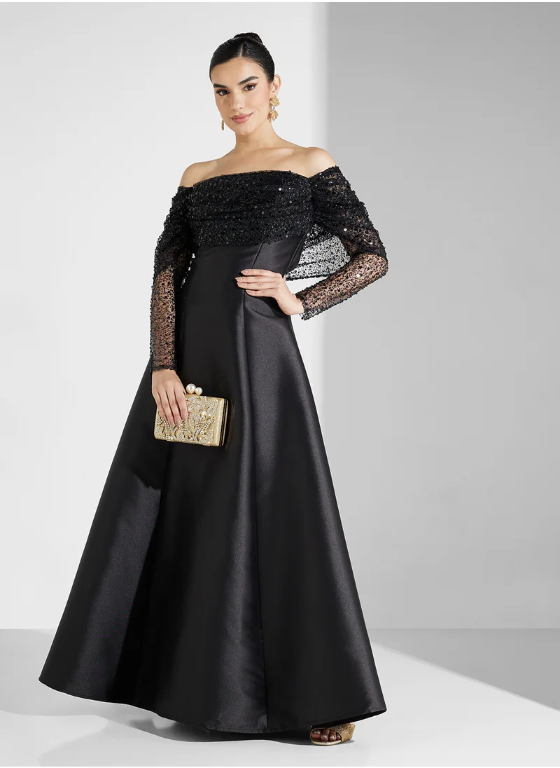 نمشي x Mesh Sequin Overlay A Line Evening Dress