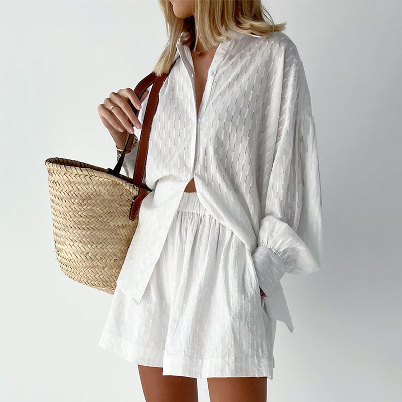 2022 Autumn Ladies Embroidered Puff Sleeve Shirt Shorts Set White