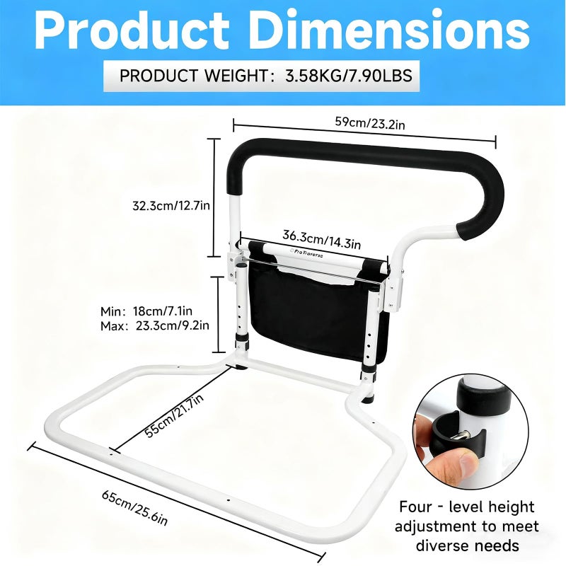 ProTraverse Bed Assist Rail for Elderly - ASTM F3186 Certified Safety, Adjustable Height & Tool-Free Setup,Foldable Bed Rail for Seniors, Hospital & Home Care, Non-Slip Handle with Storage Pouch - Image 2