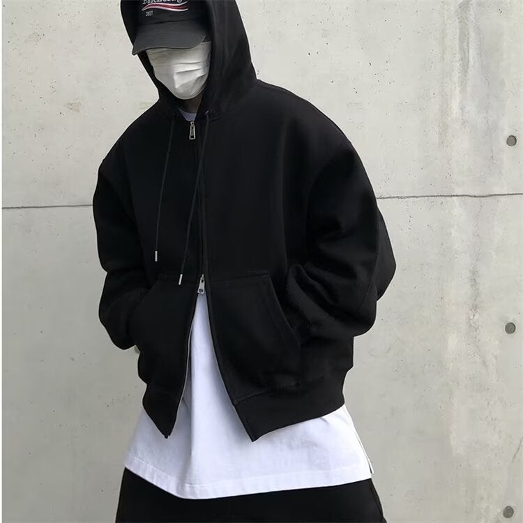 Design Sense Double Zipper Cardigan Short Sweatshirt American High Street Mens Spring and Autumn New Heavy Hard Hooded Jacket Black  - Image 1