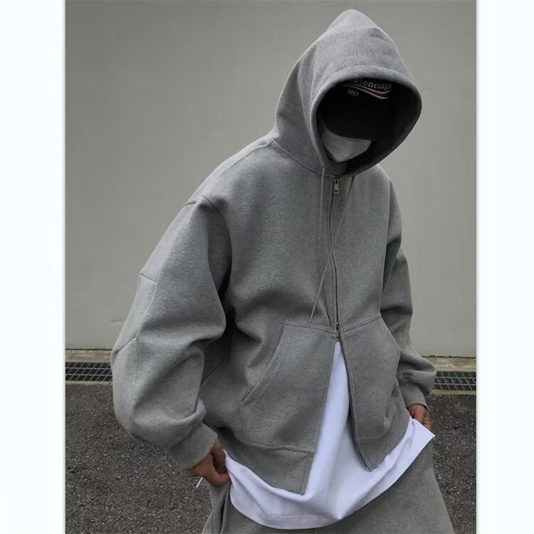Design Sense Double Zipper Cardigan Short Sweatshirt American High Street Mens Spring and Autumn New Heavy Hard Hooded Jacket Black  - Image 2