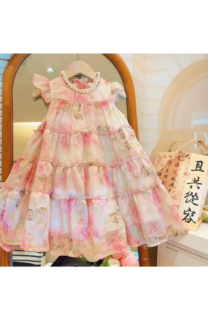 2–3Y Toddler Girl Pink Floral Tulle Dress, Watercolor Layered Princess Dress for Birthday, Beach, Wedding & Summer Photoshoot, Fit for Height 90–100cm - Image 2