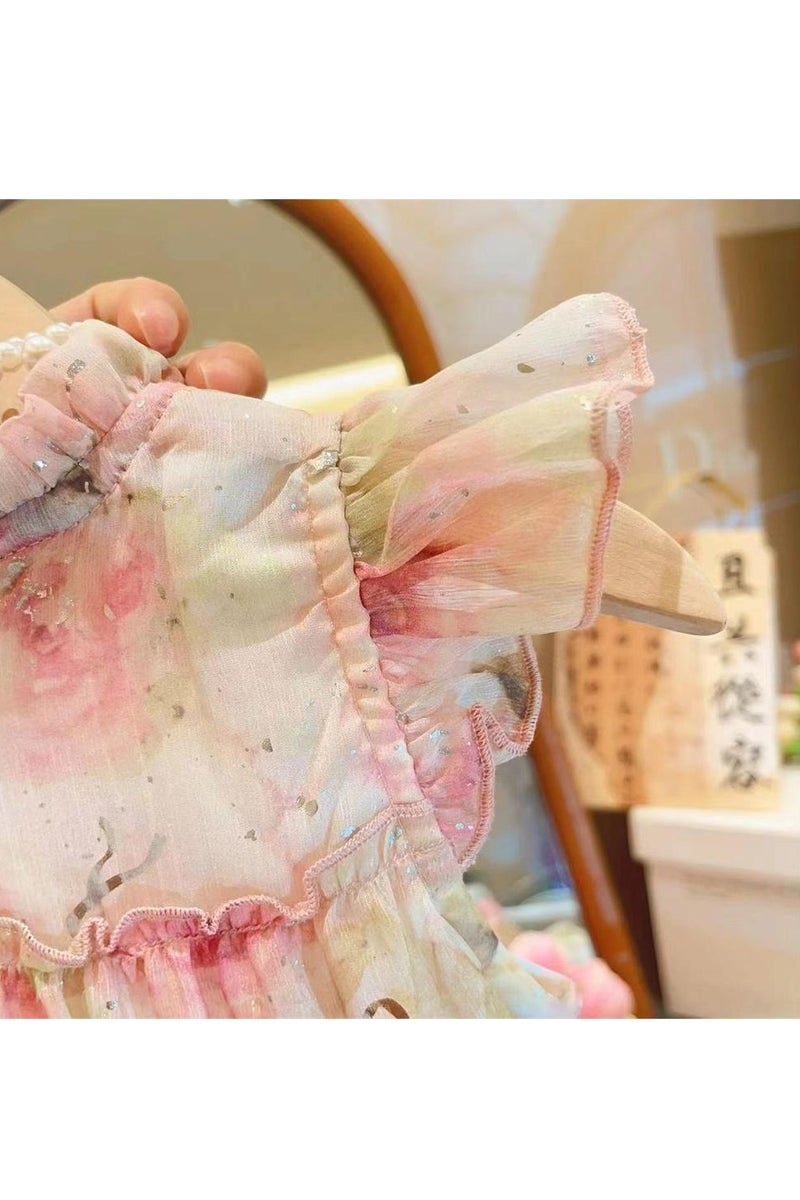2–3Y Toddler Girl Pink Floral Tulle Dress, Watercolor Layered Princess Dress for Birthday, Beach, Wedding & Summer Photoshoot, Fit for Height 90–100cm - Image 4