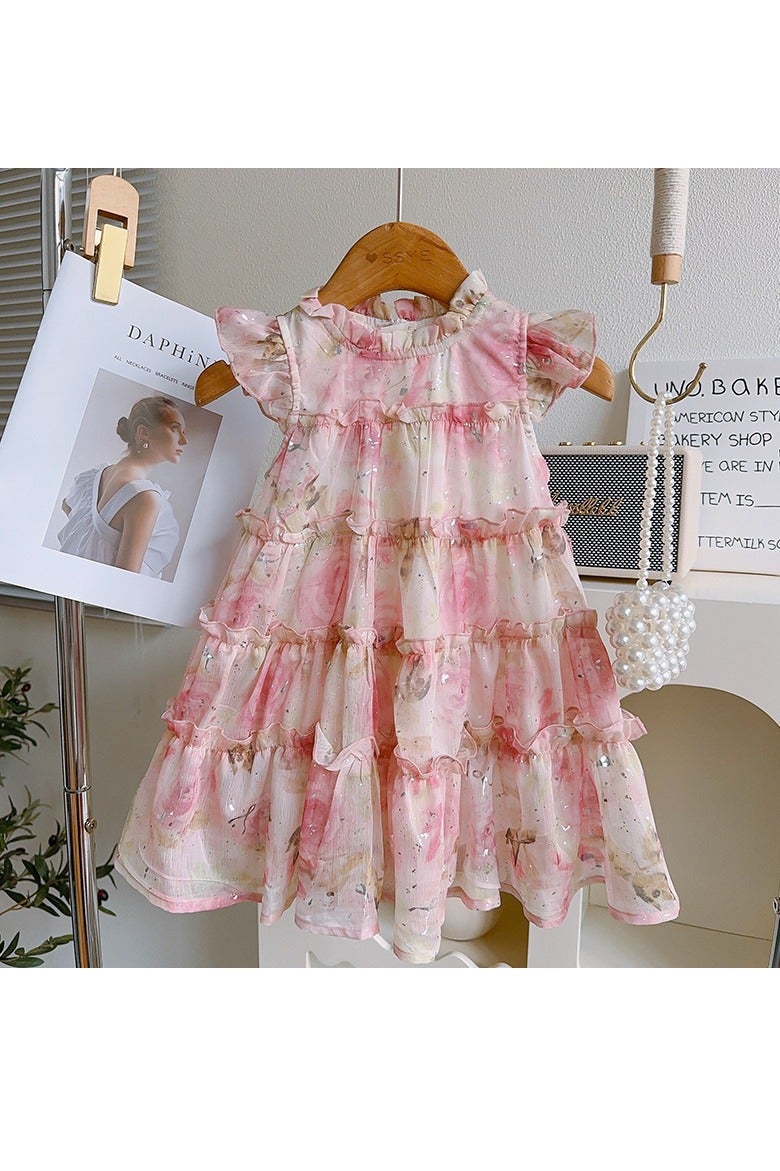 2–3Y Toddler Girl Pink Floral Tulle Dress, Watercolor Layered Princess Dress for Birthday, Beach, Wedding & Summer Photoshoot, Fit for Height 90–100cm - Image 1