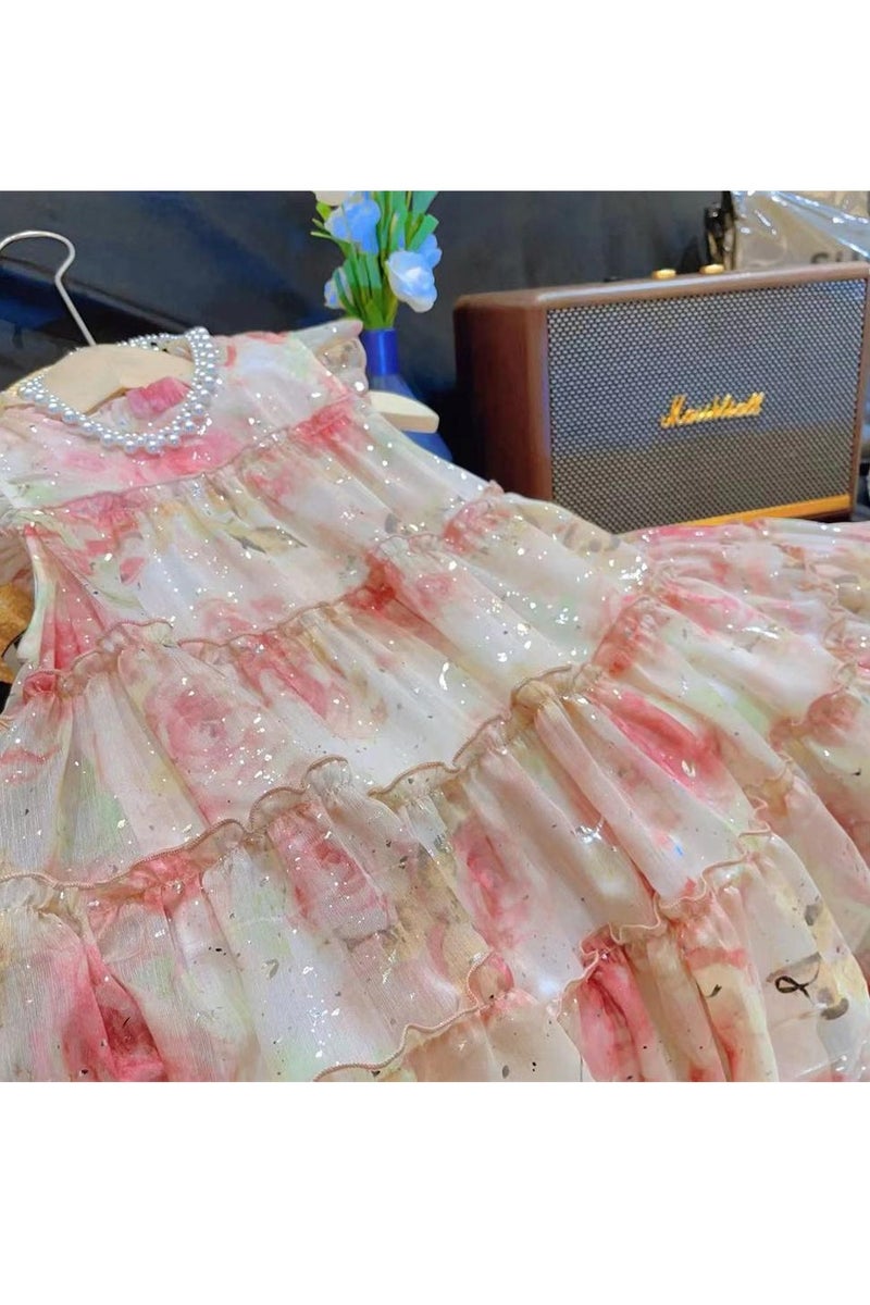 2–3Y Toddler Girl Pink Floral Tulle Dress, Watercolor Layered Princess Dress for Birthday, Beach, Wedding & Summer Photoshoot, Fit for Height 90–100cm - Image 3