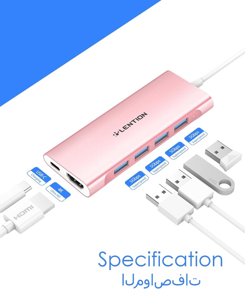 Lention USB C Hub Multiport with 4K HDMI, 4 USB 3.0, Type C Charging Compatible 2025-2016 MacBook Pro/Air, New Mac Air & Surface, Chromebook, More, Stable Driver Adapter (CB-C35, Rose Gold) - Image 3