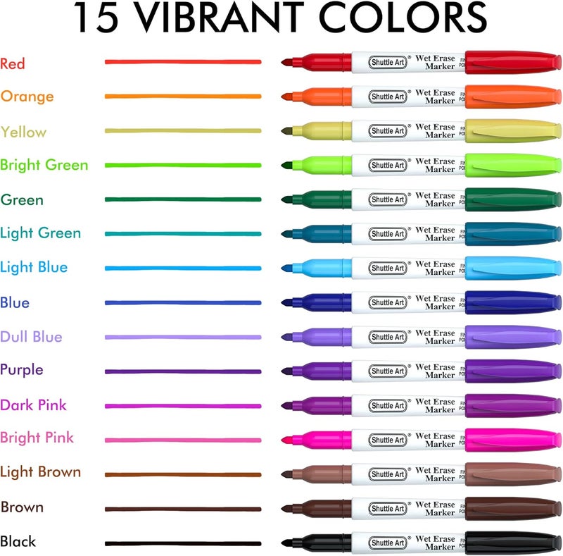 Shuttle Art Wet Erase Markers, 15 Colors 1mm Fine Tip Smudge-Free Markers, Use on Laminated Calendars,Overhead Projectors,Schedules,Whiteboards,Transparencies,Glass,Wipe with Water - Image 3