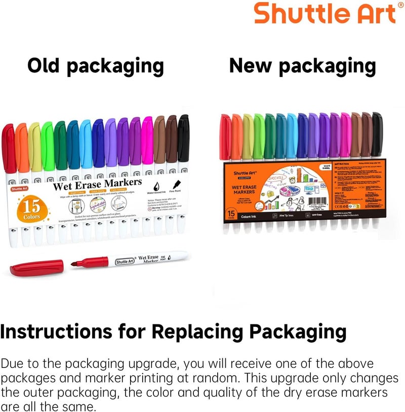 Shuttle Art Wet Erase Markers, 15 Colors 1mm Fine Tip Smudge-Free Markers, Use on Laminated Calendars,Overhead Projectors,Schedules,Whiteboards,Transparencies,Glass,Wipe with Water - Image 2