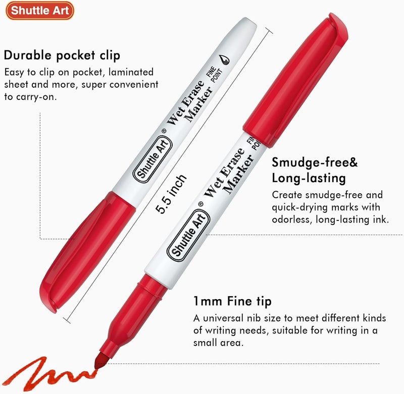 Shuttle Art Wet Erase Markers, 15 Colors 1mm Fine Tip Smudge-Free Markers, Use on Laminated Calendars,Overhead Projectors,Schedules,Whiteboards,Transparencies,Glass,Wipe with Water - Image 4