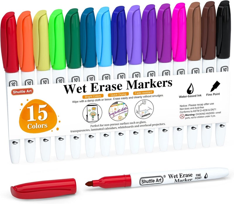Shuttle Art Wet Erase Markers, 15 Colors 1mm Fine Tip Smudge-Free Markers, Use on Laminated Calendars,Overhead Projectors,Schedules,Whiteboards,Transparencies,Glass,Wipe with Water - Image 1