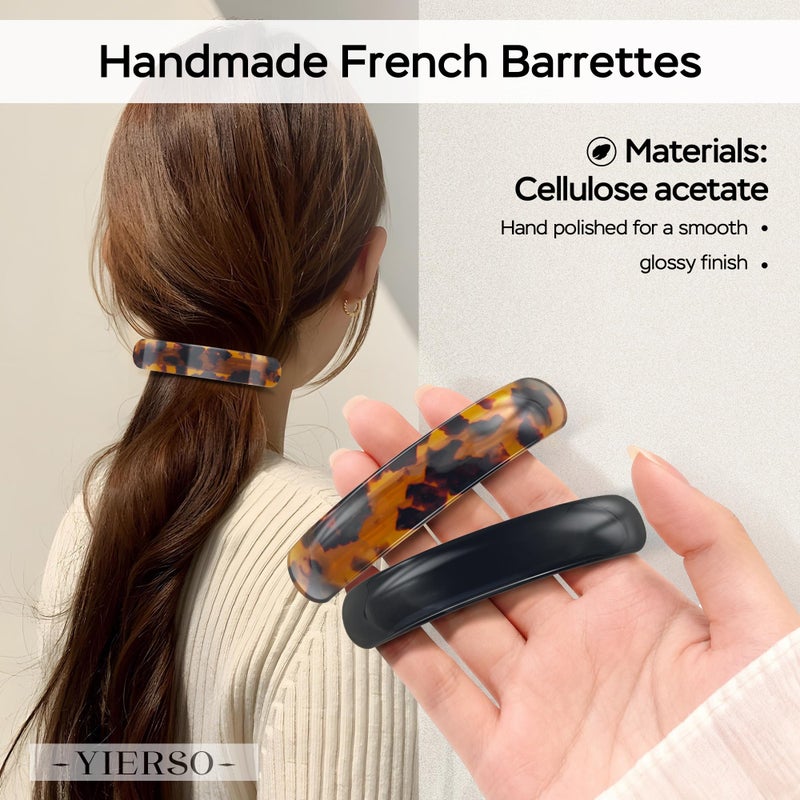 YIERSO French Oval Barrette Hair Clips,Acetate Narrow Vintage Tortoise Barrettes,Strong Hold No-Slip Grip Metal Clasp,2-Pack 3.75" Accessories for Women Thick Thin Wavy Long Hair Gift (Black&Tortoise) - Image 3