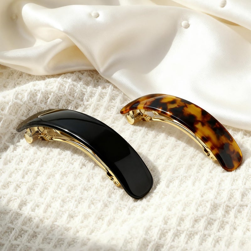 YIERSO French Oval Barrette Hair Clips,Acetate Narrow Vintage Tortoise Barrettes,Strong Hold No-Slip Grip Metal Clasp,2-Pack 3.75" Accessories for Women Thick Thin Wavy Long Hair Gift (Black&Tortoise) - Image 5