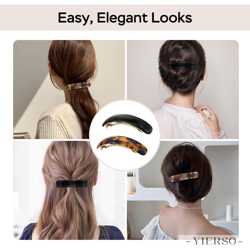 YIERSO French Oval Barrette Hair Clips,Acetate Narrow Vintage Tortoise Barrettes,Strong Hold No-Slip Grip Metal Clasp,2-Pack 3.75" Accessories for Women Thick Thin Wavy Long Hair Gift (Black&Tortoise) - Image 2