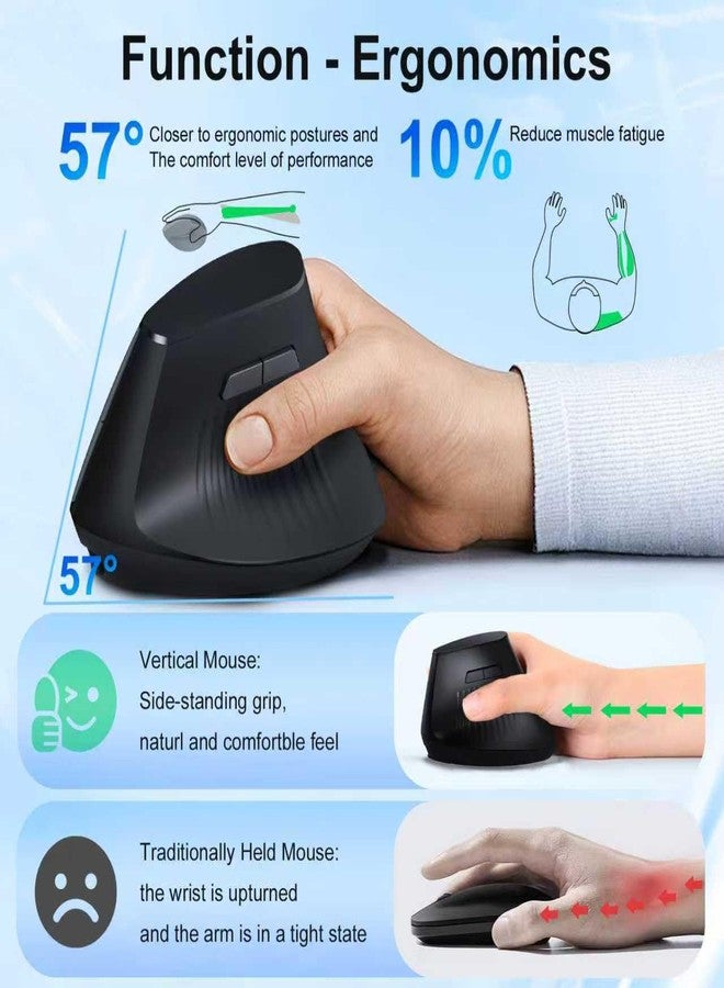 LOONASA Vertical Mouse, Wireless Chargeable Ergonomic Mouse, USBC & Bluetooth 5.0/3.0 & 2.4G Connect, Silent, Cordless, Easy to use, 6 Buttons for Laptop PC MacBook Desktop Computer - Black - Image 2