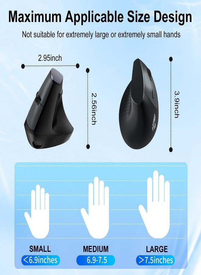 LOONASA Vertical Mouse, Wireless Chargeable Ergonomic Mouse, USBC & Bluetooth 5.0/3.0 & 2.4G Connect, Silent, Cordless, Easy to use, 6 Buttons for Laptop PC MacBook Desktop Computer - Black - Image 5