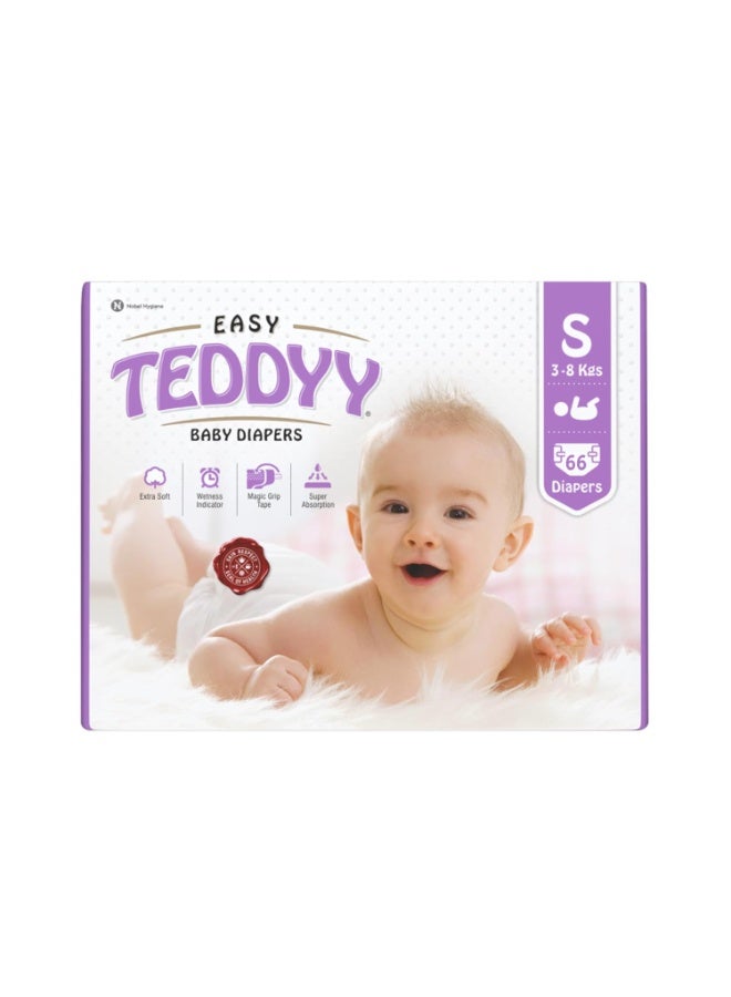 TEDDYY Easy Baby S Size Diaper Tape Style |66 Count (Small) | 3-8 kgs (Pack of 1)|Quick Absorbency | Extra Super Soft |Anti - Bacterial |Colour Changing Wetness Indicator with Adjustable Grip Tapes - Image 1