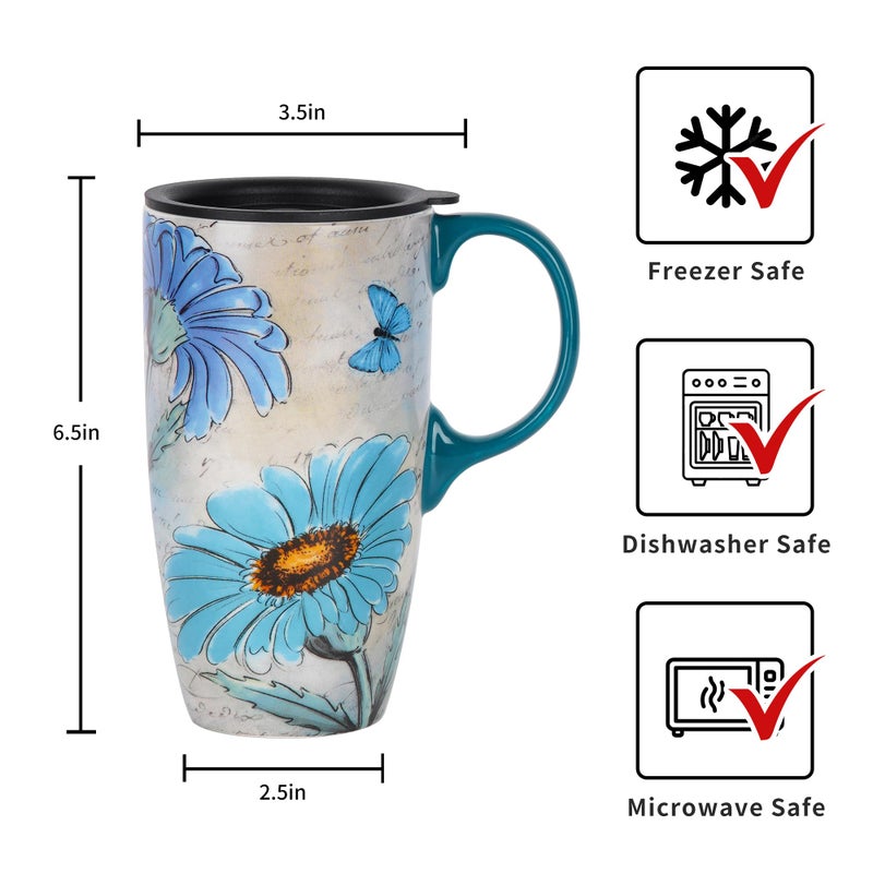 Voltogar 17oz Ceramic Coffee Travel Mug with Handle & Splash-Resistant Slider Lid, Porcelain Tall Tea Art Cup with Color Box, Dishwasher and Microwave Safe Coffee Mugs for Women and Men, Sunflower - Image 2