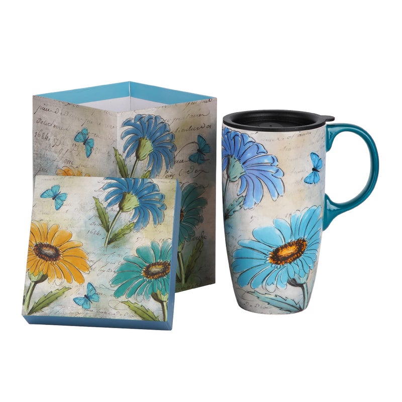 Voltogar 17oz Ceramic Coffee Travel Mug with Handle & Splash-Resistant Slider Lid, Porcelain Tall Tea Art Cup with Color Box, Dishwasher and Microwave Safe Coffee Mugs for Women and Men, Sunflower - Image 1