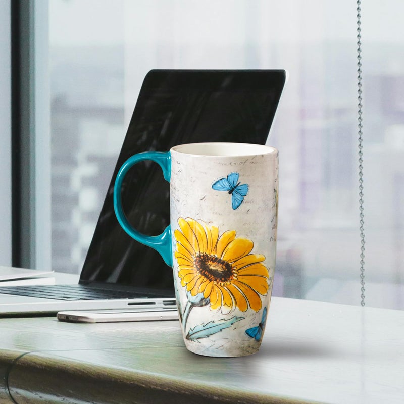 Voltogar 17oz Ceramic Coffee Travel Mug with Handle & Splash-Resistant Slider Lid, Porcelain Tall Tea Art Cup with Color Box, Dishwasher and Microwave Safe Coffee Mugs for Women and Men, Sunflower - Image 3