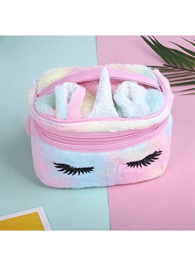 Newfancy Women Girls Kids Fluffy Faux Fur Unicorn Makeup Bag Small Cosmetic Organizer Plush Travel Storage Bags Toiletry Kit Case - Image 4
