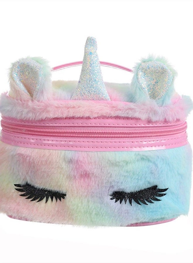 Newfancy Women Girls Kids Fluffy Faux Fur Unicorn Makeup Bag Small Cosmetic Organizer Plush Travel Storage Bags Toiletry Kit Case - Image 1
