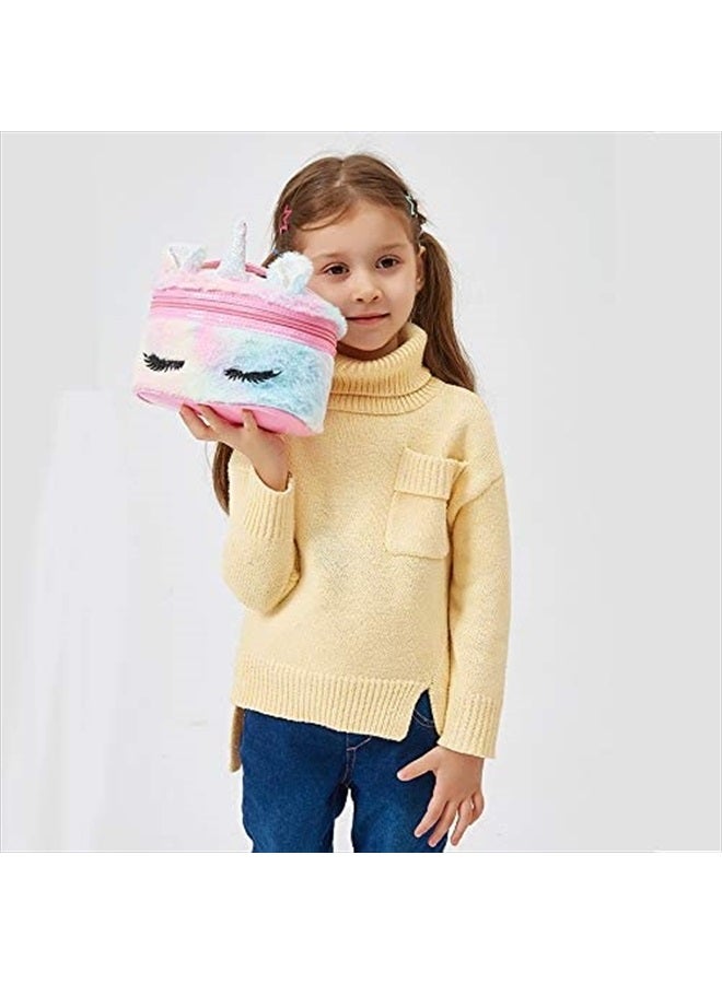 Newfancy Women Girls Kids Fluffy Faux Fur Unicorn Makeup Bag Small Cosmetic Organizer Plush Travel Storage Bags Toiletry Kit Case - Image 2
