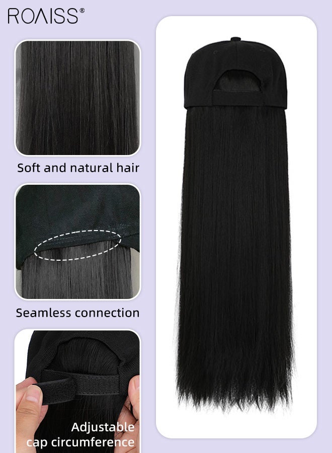 roaiss Long Straight Baseball Cap Wig with Hair Extension Synthetic Wig Hat for Women Adjustable Black Baseball Hat Wig, 60cm (24 inch) - Image 5