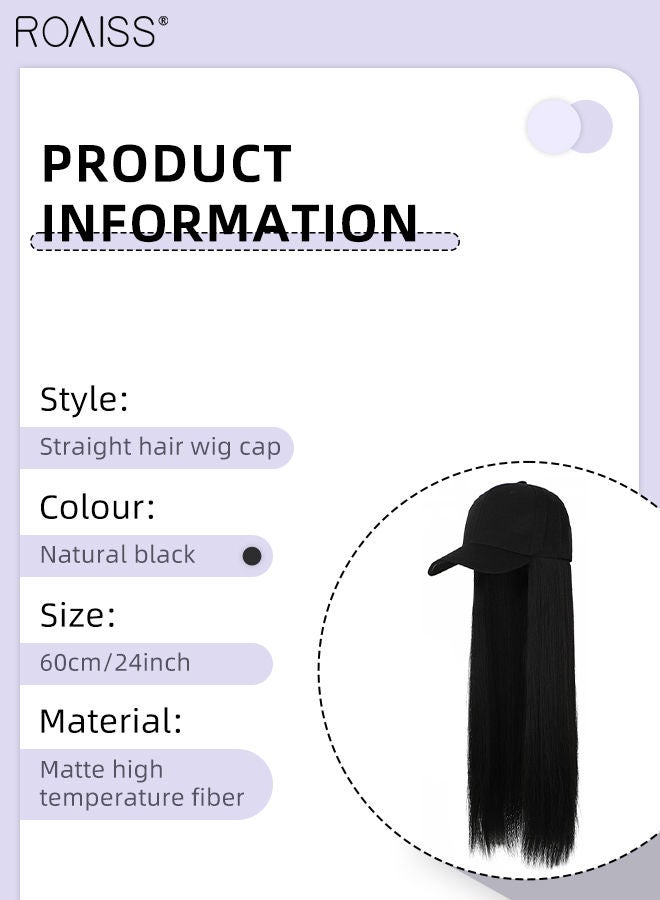 roaiss Long Straight Baseball Cap Wig with Hair Extension Synthetic Wig Hat for Women Adjustable Black Baseball Hat Wig, 60cm (24 inch) - Image 3