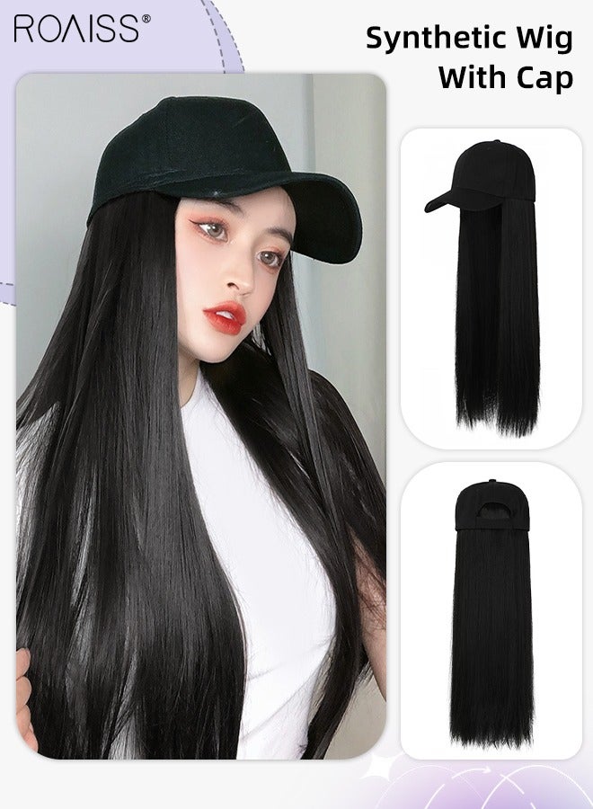 roaiss Long Straight Baseball Cap Wig with Hair Extension Synthetic Wig Hat for Women Adjustable Black Baseball Hat Wig, 60cm (24 inch) - Image 1